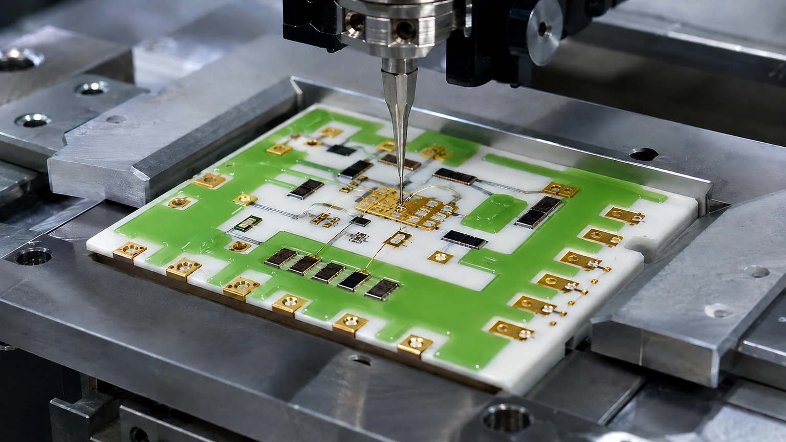 High-resolution industrial engineering scene showing wire bond workcell in a clean thick-film ceramic circuit context.