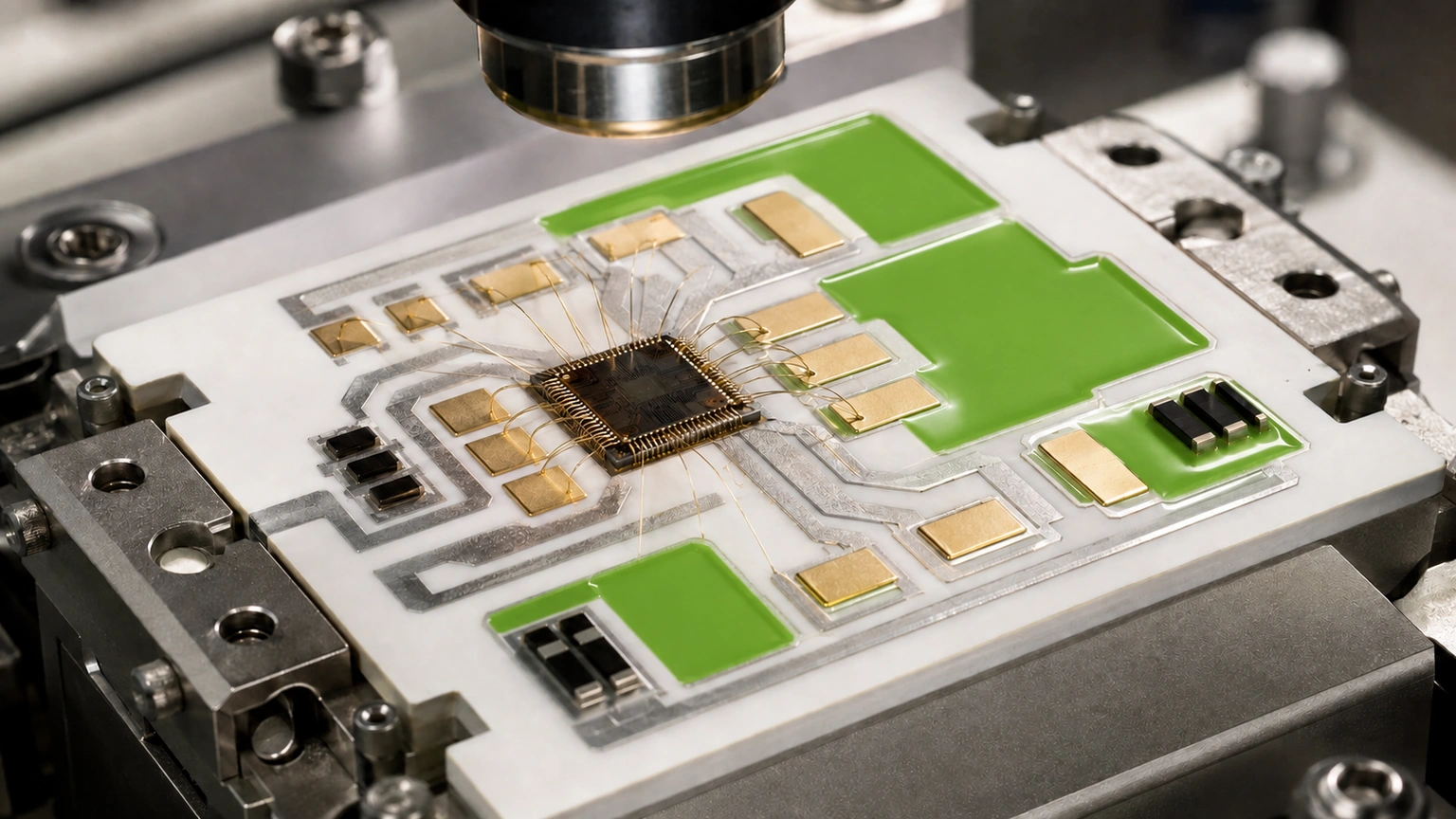 High-resolution industrial engineering scene showing wire bonding in a clean thick-film ceramic circuit context.
