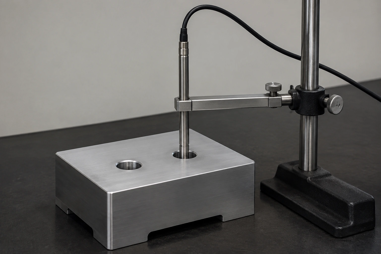A supported metal temperature-probe sheath enters one well of a metal fixture block while a second well remains empty.