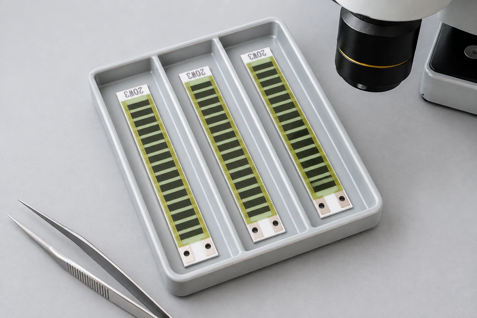 Three glass-covered ceramic resistor strips separated in an optical-inspection tray.