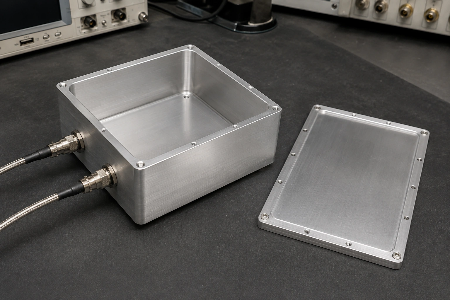 An open metal shielding enclosure with external coaxial leads and a separate lid on an electronics measurement bench.