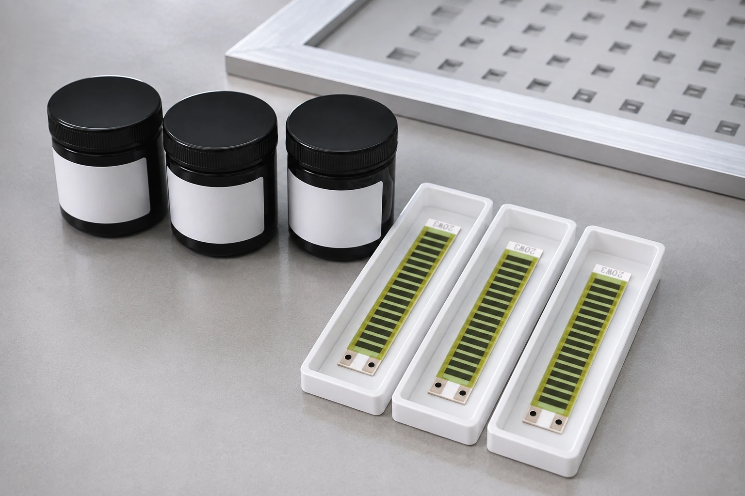 Closed paste containers beside three green glass-covered ceramic resistor samples in individual channels.