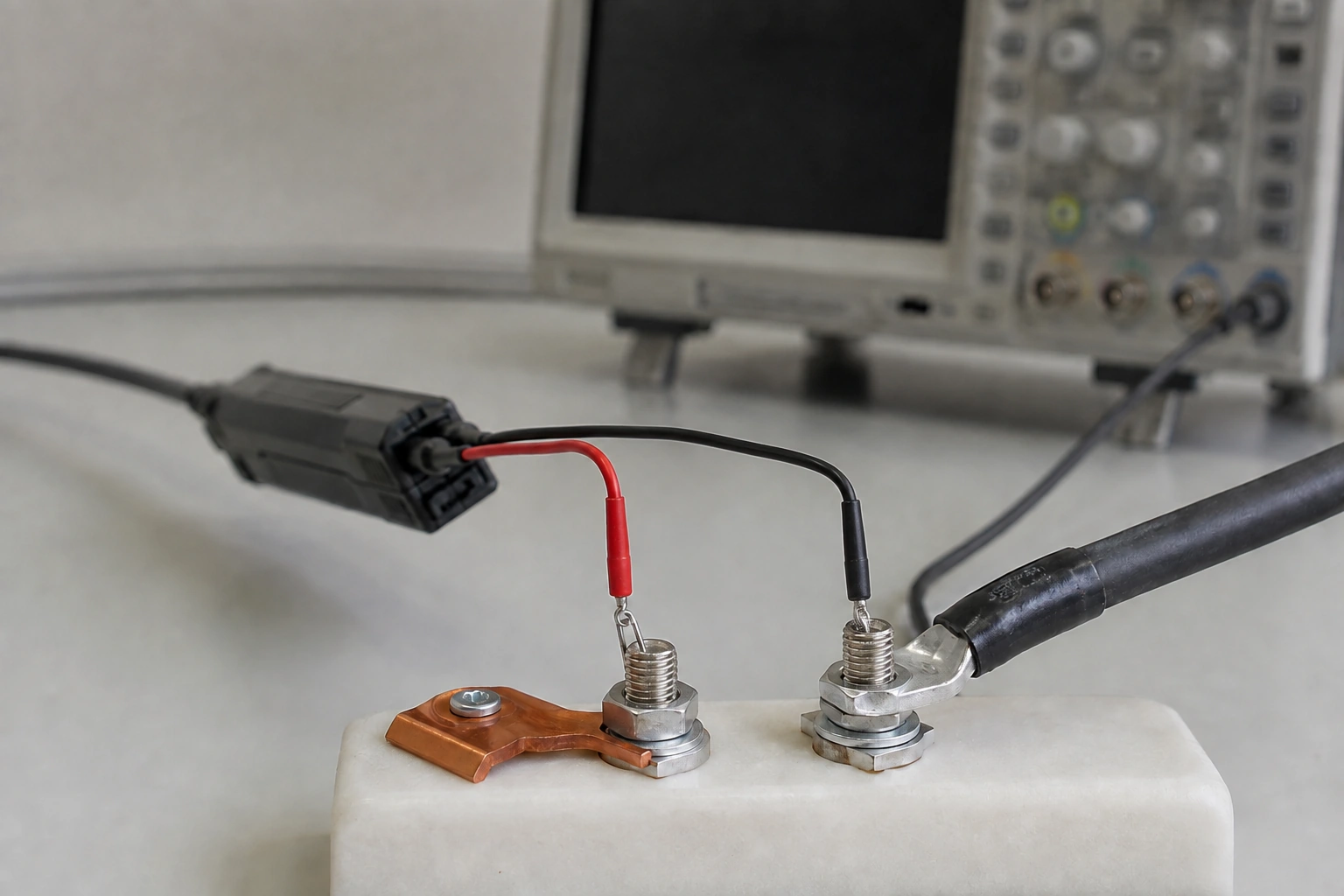 Red and black voltage-sense leads connected to separate terminal posts beside an inactive oscilloscope.