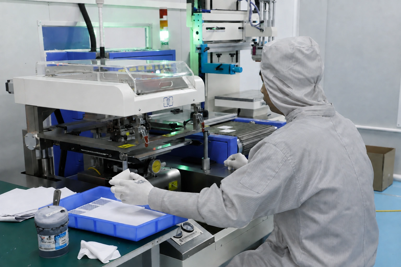 An operator in light-grey protective workwear handles ceramic parts at a screen-printing workstation.