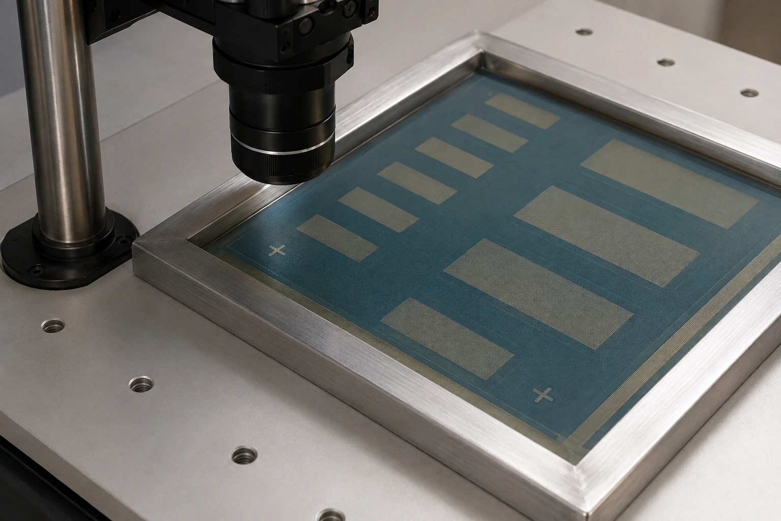 Optical inspection of registration fiducials in a framed printing screen.
