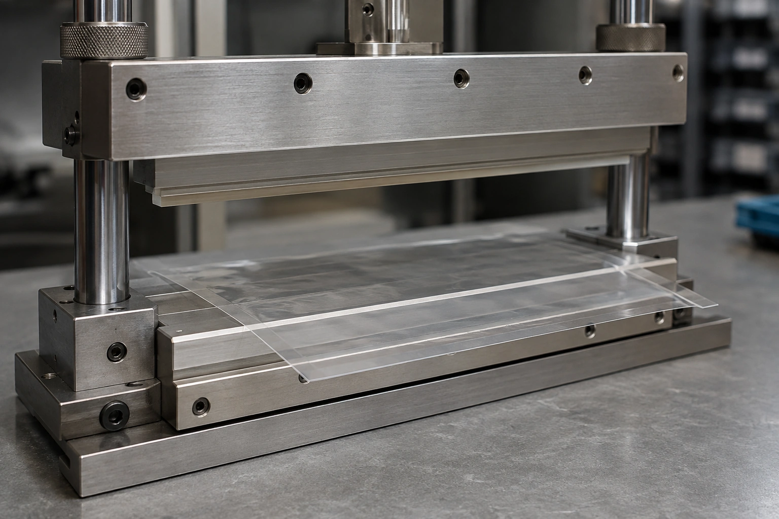 An open guided sealing jaw above transparent unprinted film laid across the lower support face.