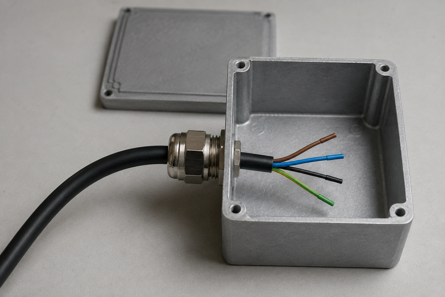 A cable passes through a compression gland into an open empty enclosure, where four insulated cores separate from the outer jacket.