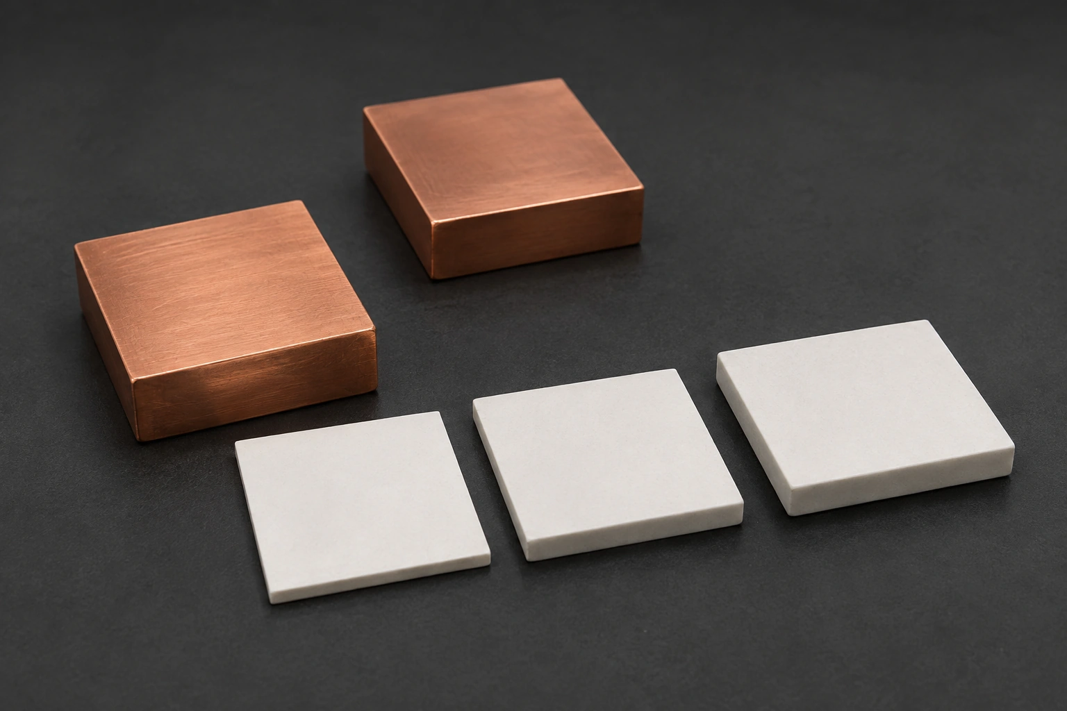 Three plain ceramic plates with visibly different edge thicknesses beside two separate copper contact blocks on a bench.
