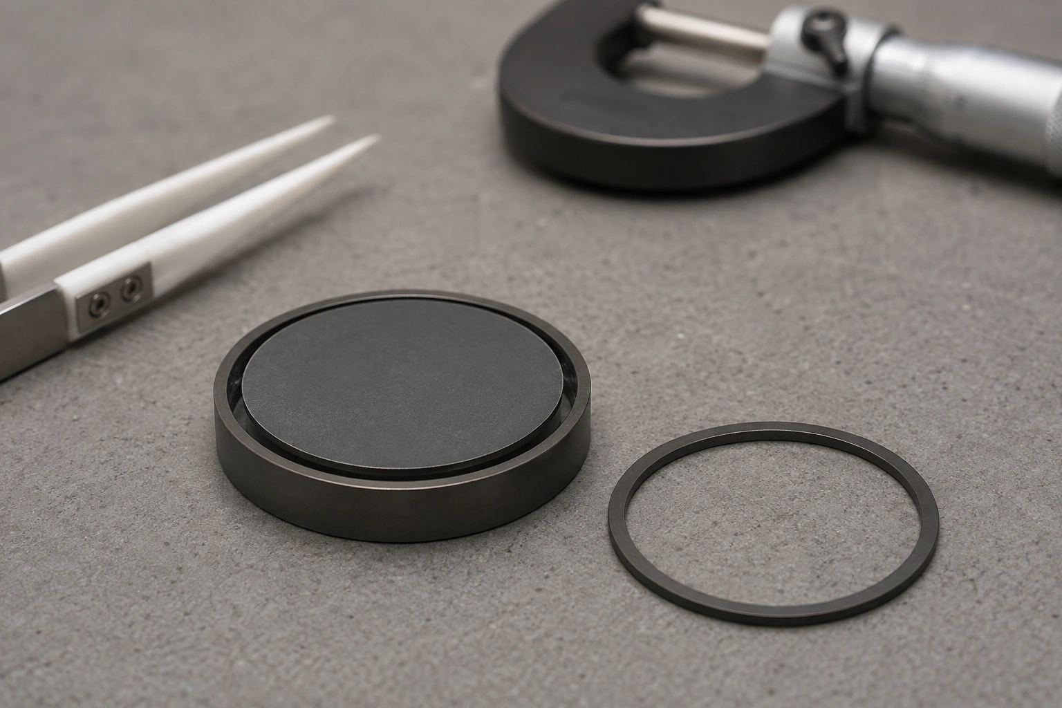 Dark coated disk in an open specimen ring beside ceramic-tipped tweezers and a micrometer.