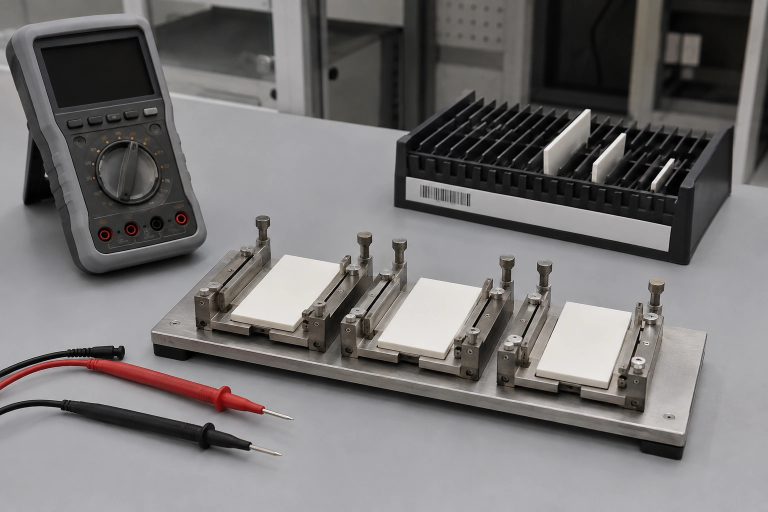 Three plain ceramic coupons held separately beside an inactive meter and disconnected probes.
