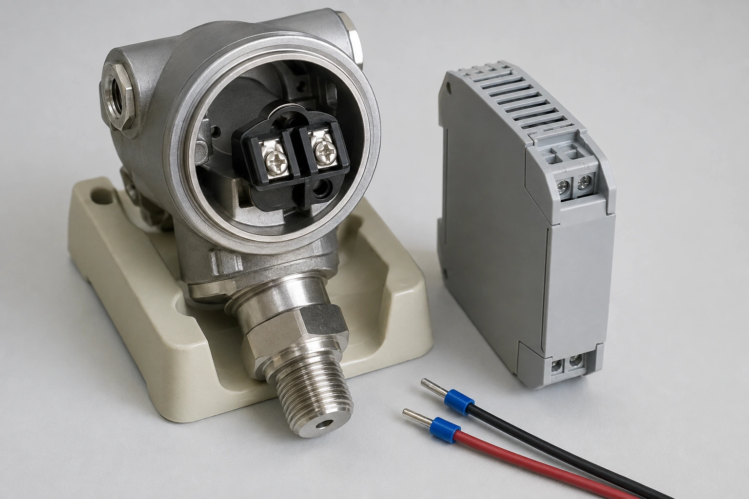 An open two-terminal field-instrument housing in a cradle beside a separate DIN-rail interface enclosure and disconnected ferruled wires.