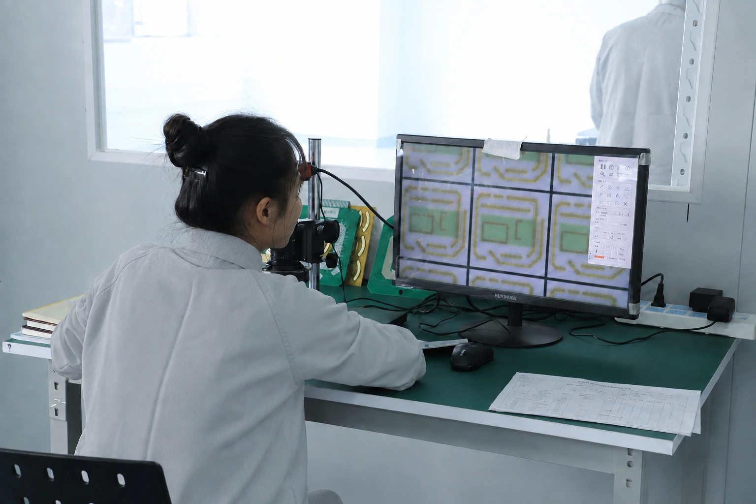 Magnified inspection of ceramic track patterns