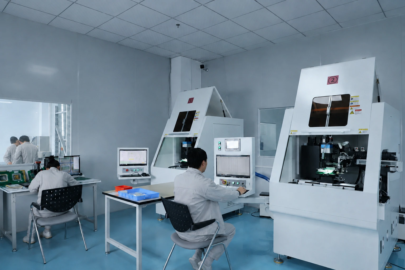 Laser-processing stations with electrical measurement consoles. Endpoint resolution depends on the actual cut and feedback sequence
