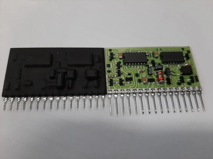 Two hybrid module views showing an exposed component assembly beside a covered module and external lead rows.