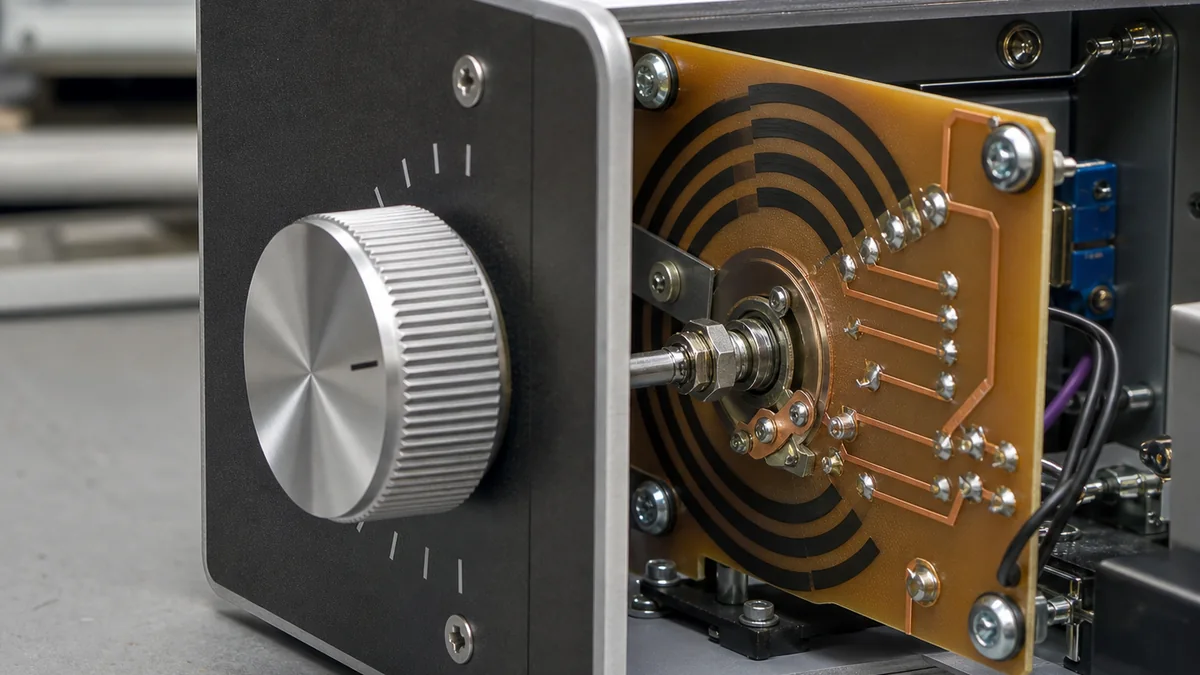 Generated application illustration of a generic FR4 printed carbon resistor PCB behind an industrial rotary control knob