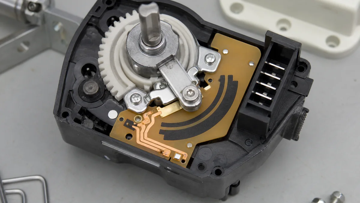 Generated application illustration of a generic FR4 printed carbon resistor PCB beside a compact actuator gear and wiper