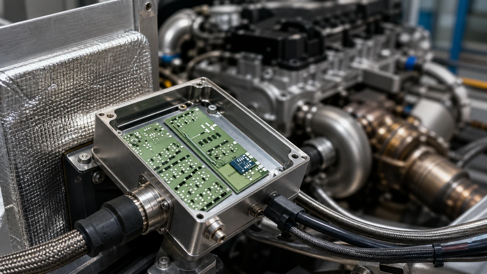 Generated application illustration of high temperature thick film circuits in a generic engine-adjacent sensor interface enclosure