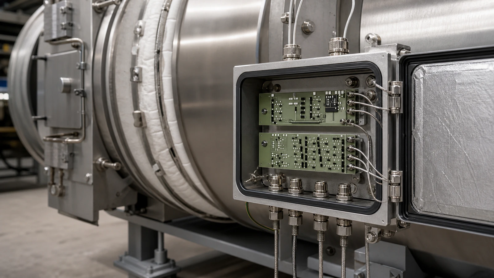 Generated application illustration of high temperature thick film circuits in a generic industrial furnace instrumentation enclosure
