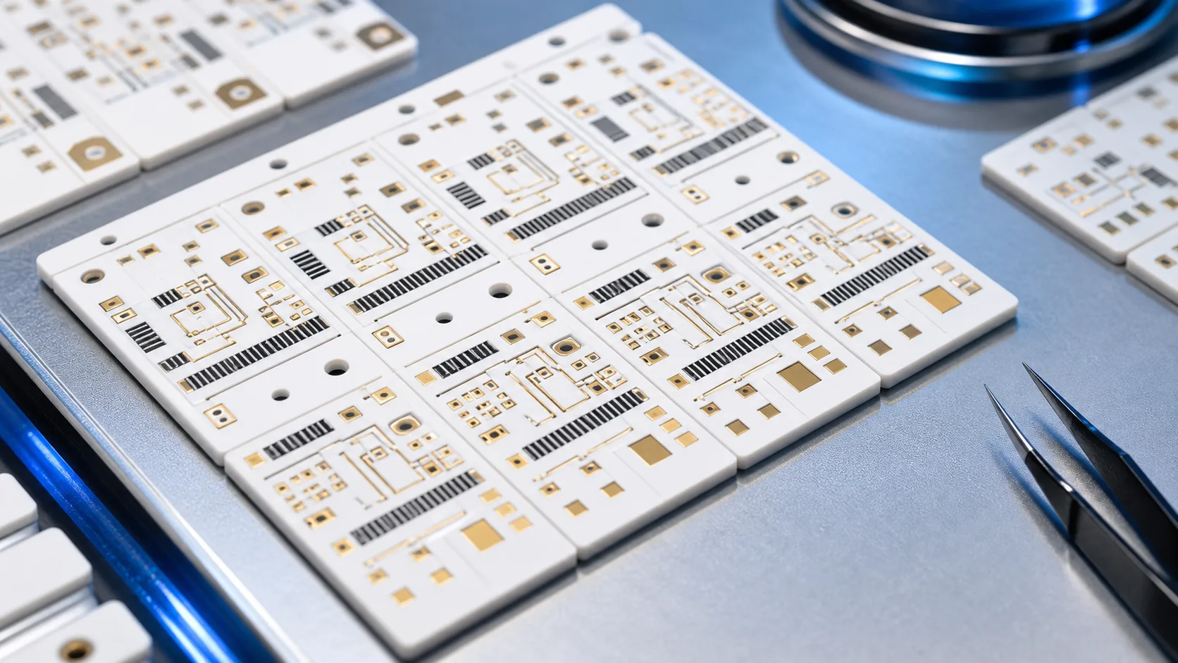 Macro view of alumina ceramic thick film PCB with printed resistors and gold pads