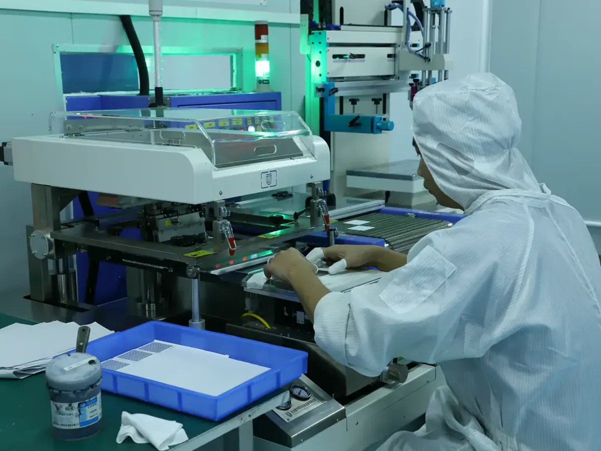 Operator preparing a real screen-printing station for thick film production