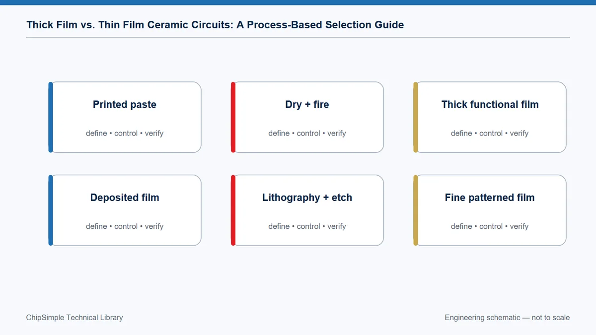 Process-based comparison of thick-film and thin-film ceramic circuit manufacturing routes.