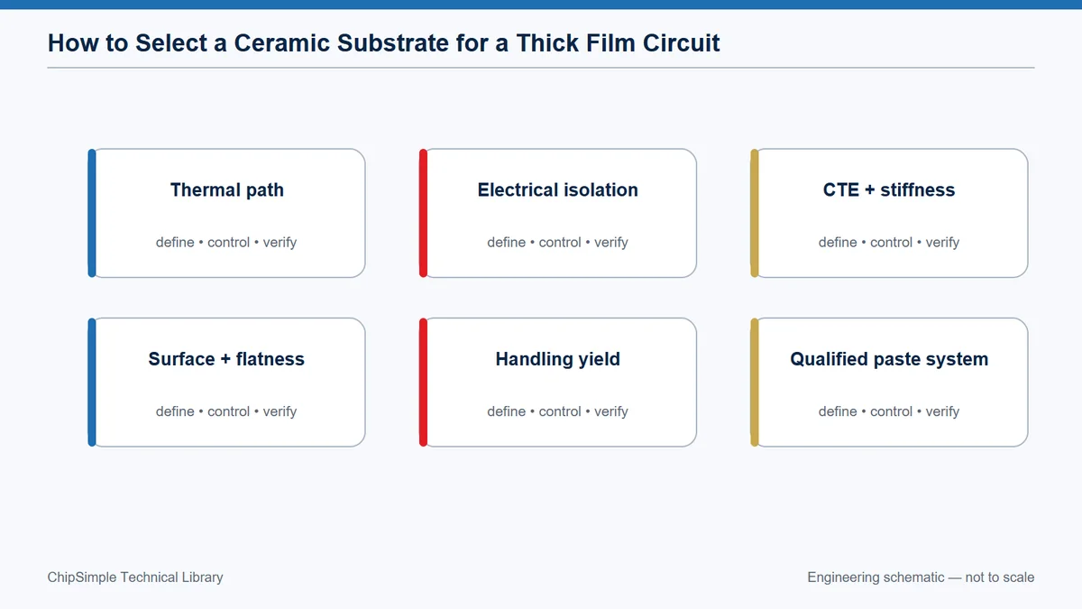 Engineering selection matrix for ceramic substrate thermal, electrical and mechanical requirements.