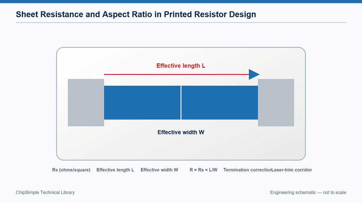 Printed resistor geometry showing sheet resistance, effective length, width and laser-trim allowance.