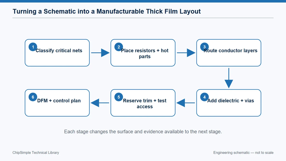 Workflow for converting a schematic into a print-, fire-, trim- and inspection-ready thick-film layout.