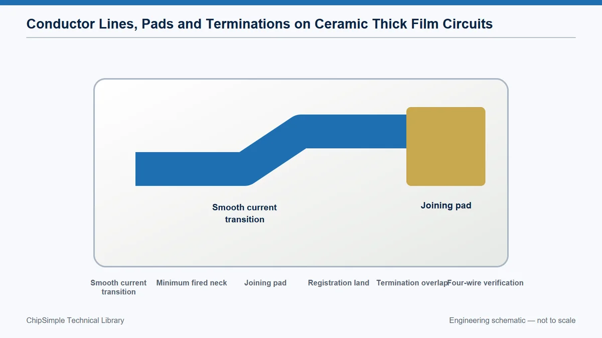 Conductor line, transition, pad and termination geometry for ceramic thick-film circuits.