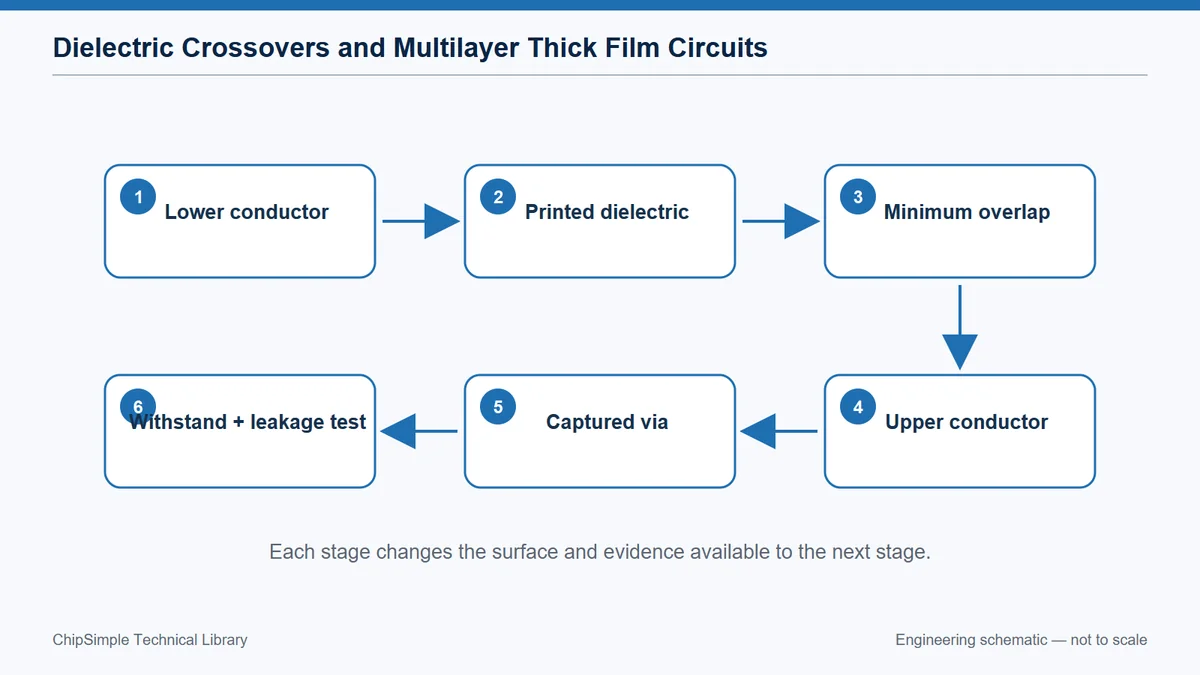 Cross-section of a printed dielectric crossover with overlap, upper conductor and captured via.