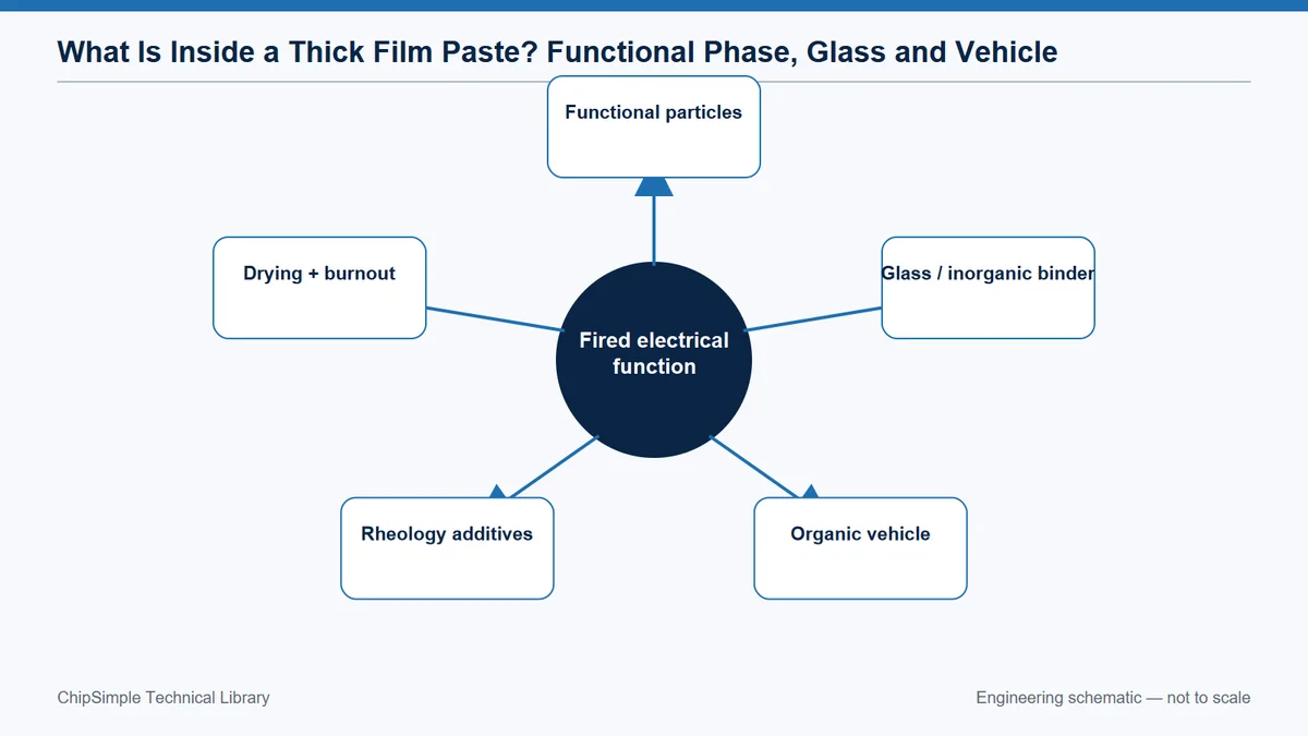 Functional phase, bonding phase and organic vehicle through the print-dry-fire transformation.