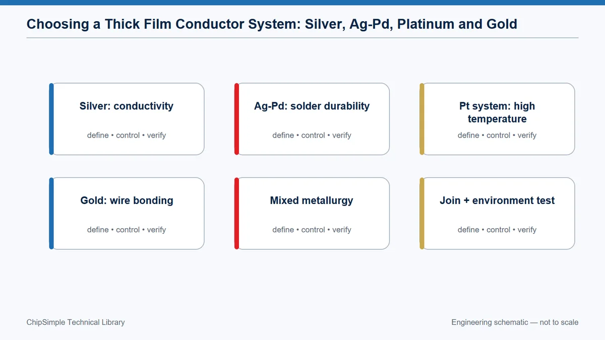Decision tree for selecting silver, Ag-Pd, platinum-based and gold thick-film conductors.