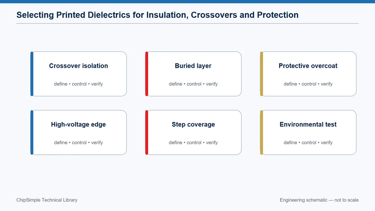 Roles of printed dielectric in insulation, crossover, overcoat and field-control structures.