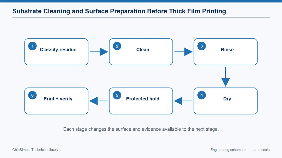 Controlled ceramic-substrate cleaning, rinsing, drying, storage and verification flow.