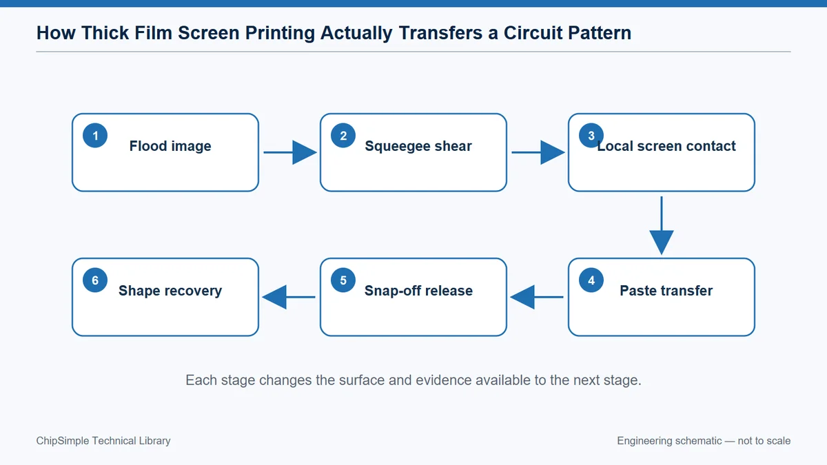 Step-by-step screen-printing transfer from image fill to clean screen release.