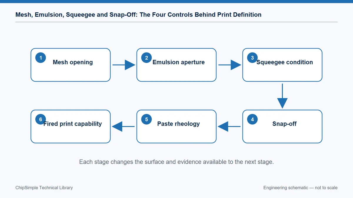 Four interacting controls behind thick-film print definition: mesh, emulsion, squeegee and snap-off.