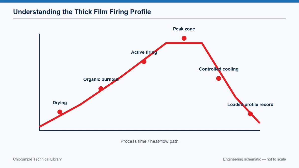 Annotated thick-film firing profile with drying, burnout, active firing and cooling zones.