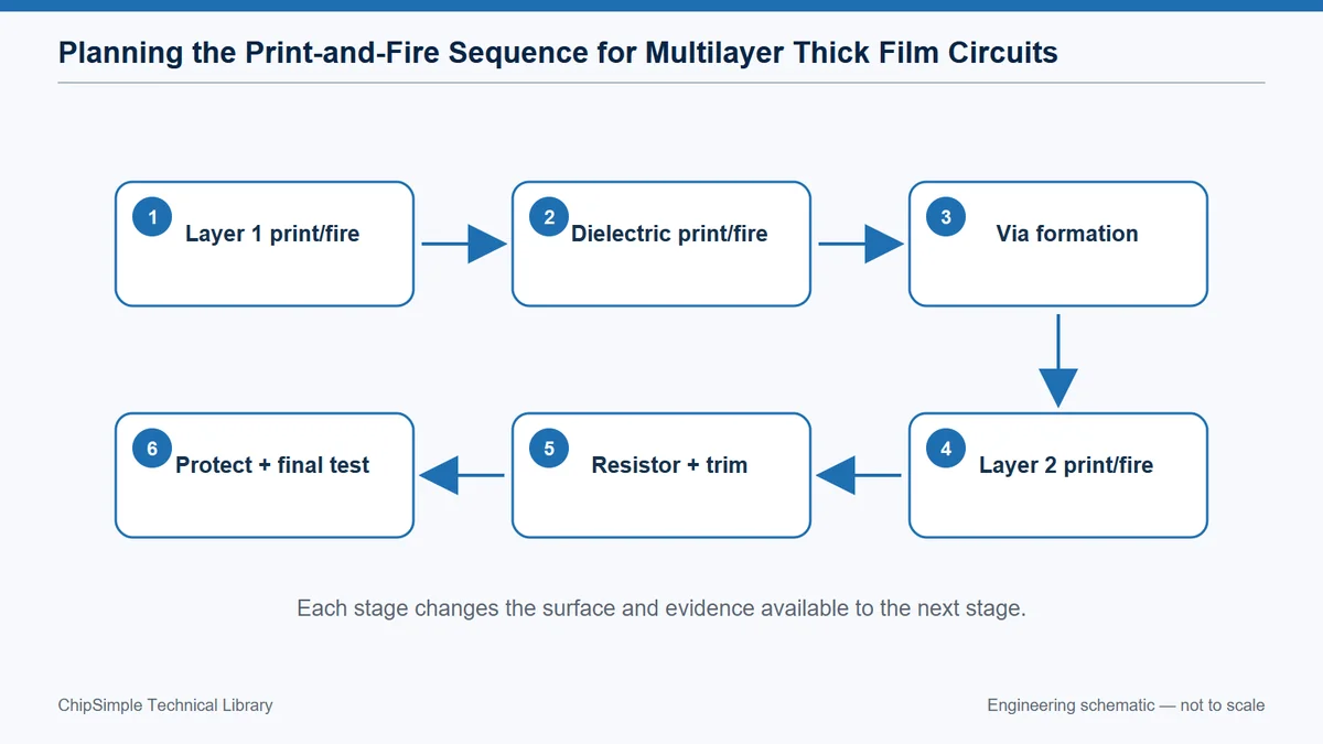 Layer-by-layer print, dry, fire, inspect and trim sequence for a multilayer thick-film circuit.