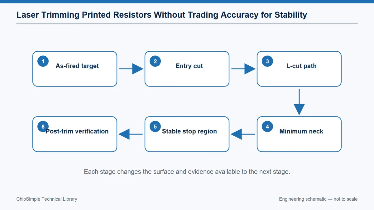 Common printed-resistor laser-trim paths, current crowding and controlled stop region.