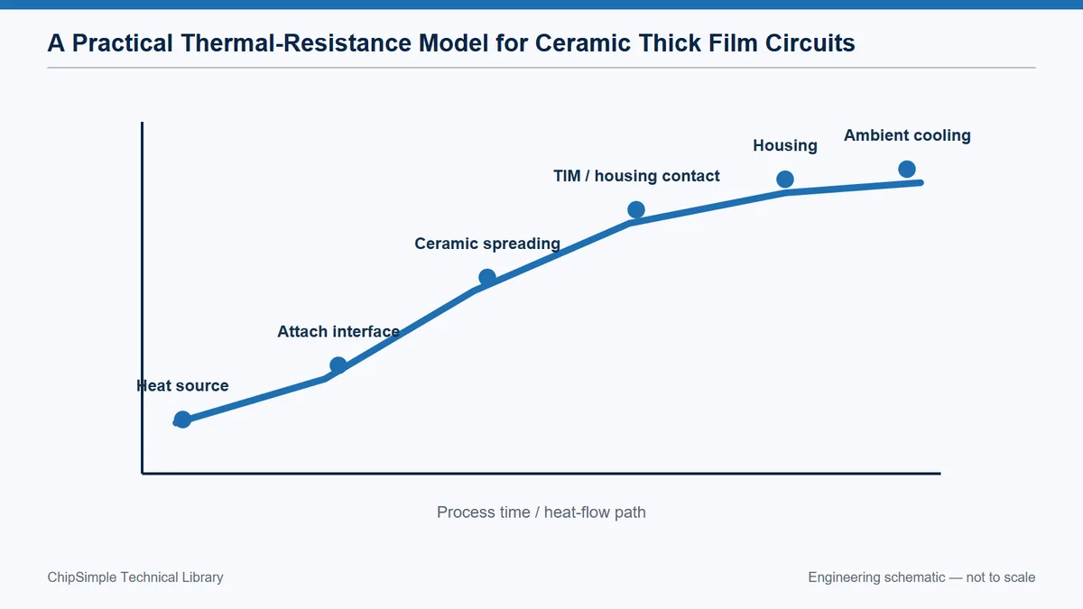 Thermal-resistance network from heat source through ceramic, interface, housing and ambient.