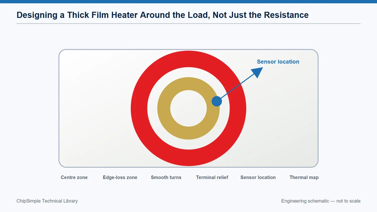 Zoned thick-film heater layout with edge compensation, sensor location and protected terminations.
