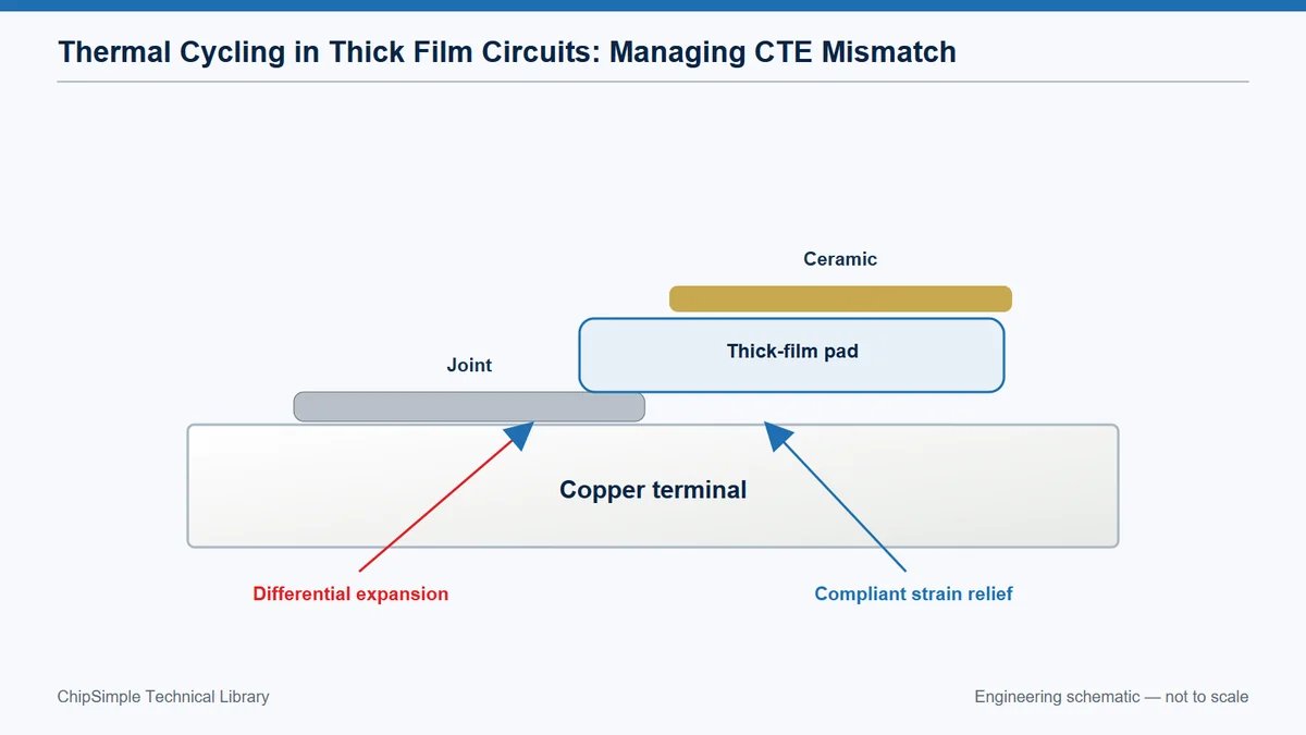 CTE mismatch and stress transfer across ceramic, thick-film pad, joint and terminal.