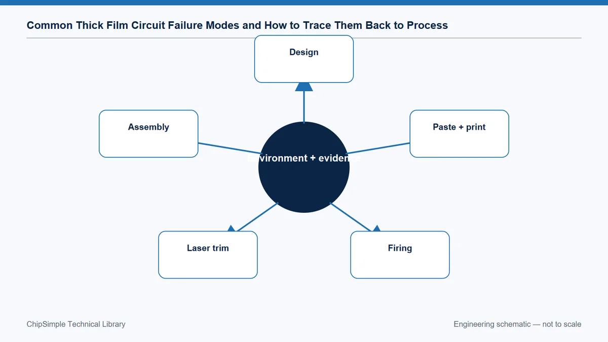 Failure-analysis fishbone linking thick-film design, print, firing, trim, assembly and environment.