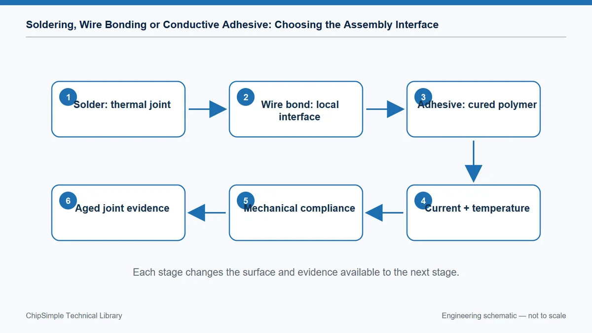 Comparison matrix for solder, wire-bond and conductive-adhesive ceramic-circuit interfaces.