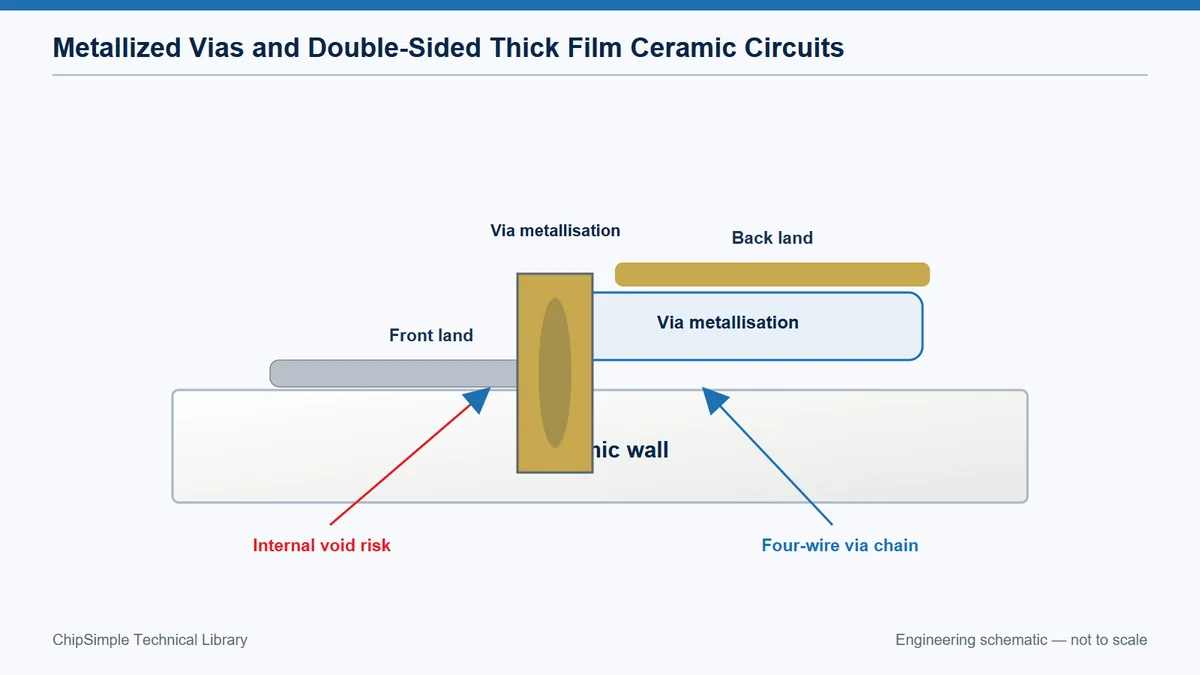 Cross-section of a metallized ceramic via with wall coverage, fill and captured lands.