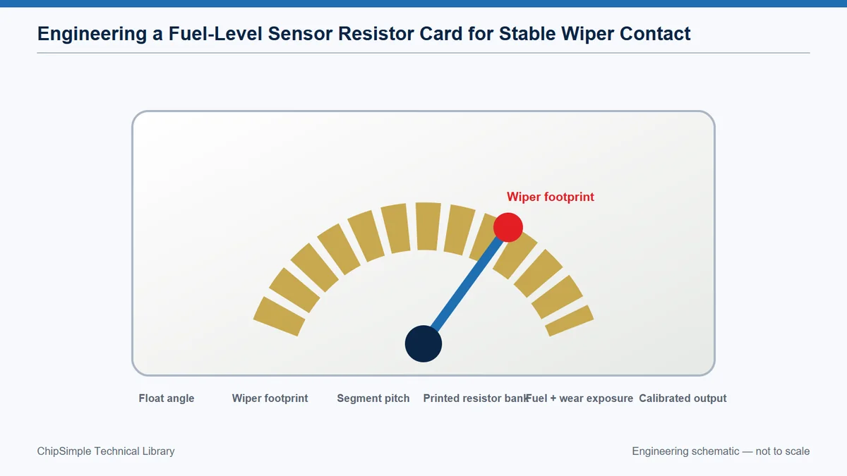 Fuel-level resistor card geometry linking float angle, wiper contact and calibrated resistance steps.