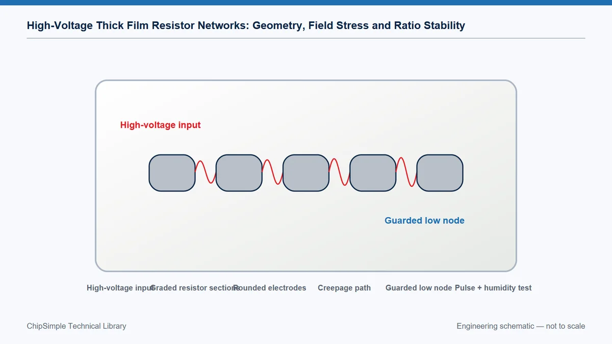 High-voltage resistor network showing graded spacing, field concentration and guarded low-voltage node.