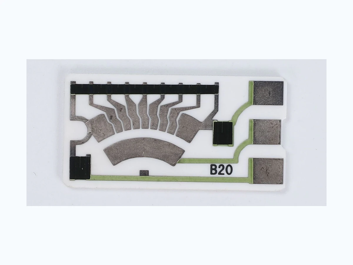 Complete automotive fuel gauge resistor card with arc tracks and terminal pads