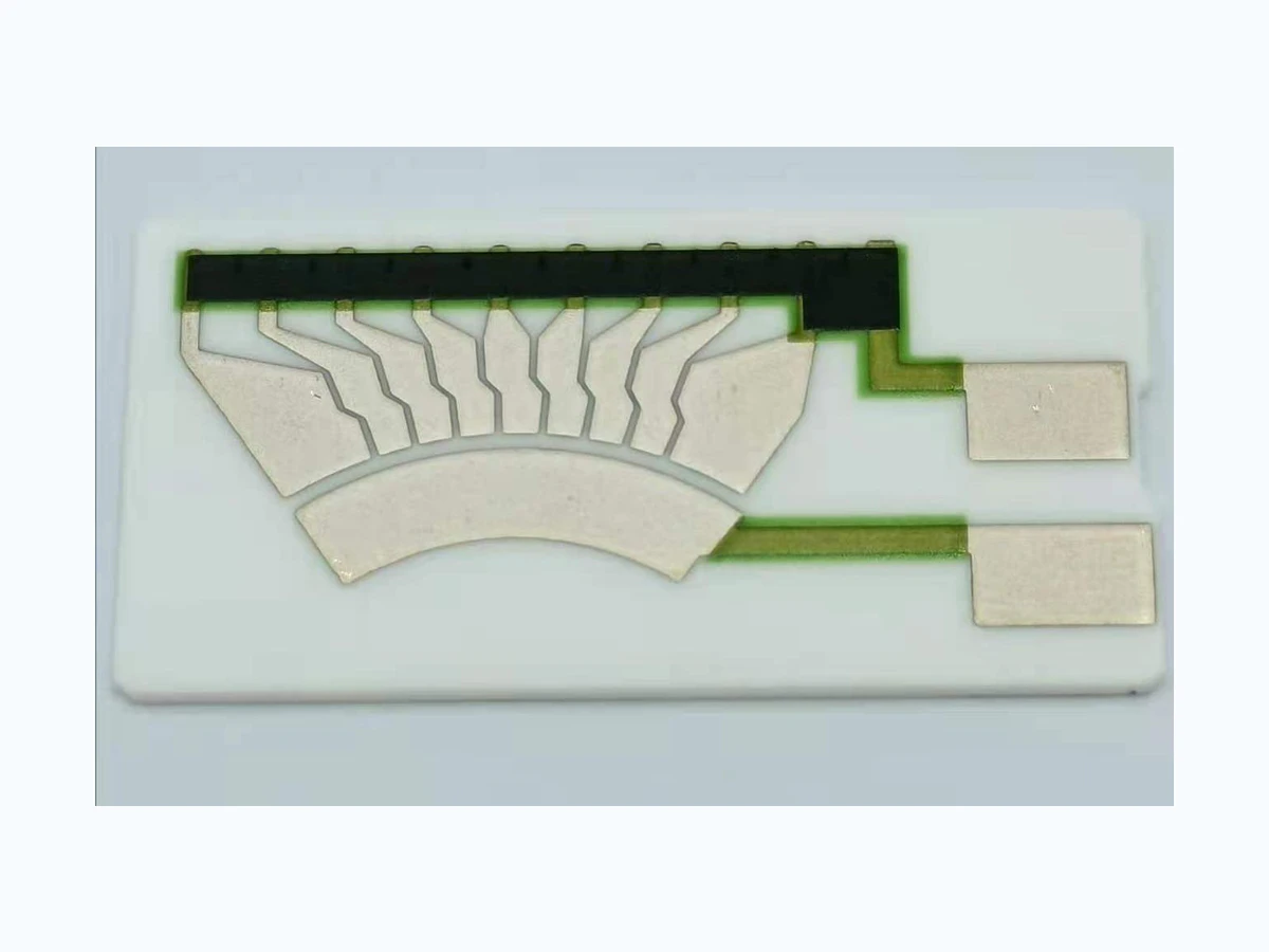 Complete fuel level sensor resistor card with printed segmented arc and terminal pads