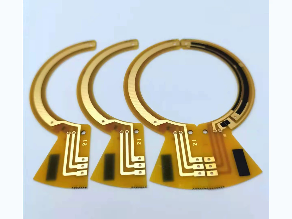 Linear-response carbon film sensor PCB samples with multiple curved black tracks and terminal pads